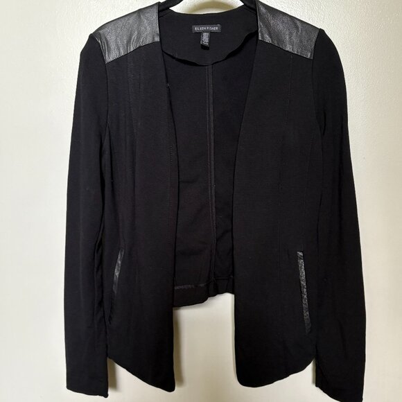 Eileen Fisher Open Jacket, Black with Leather Trim, Size XS/TP - Picture 1 of 4